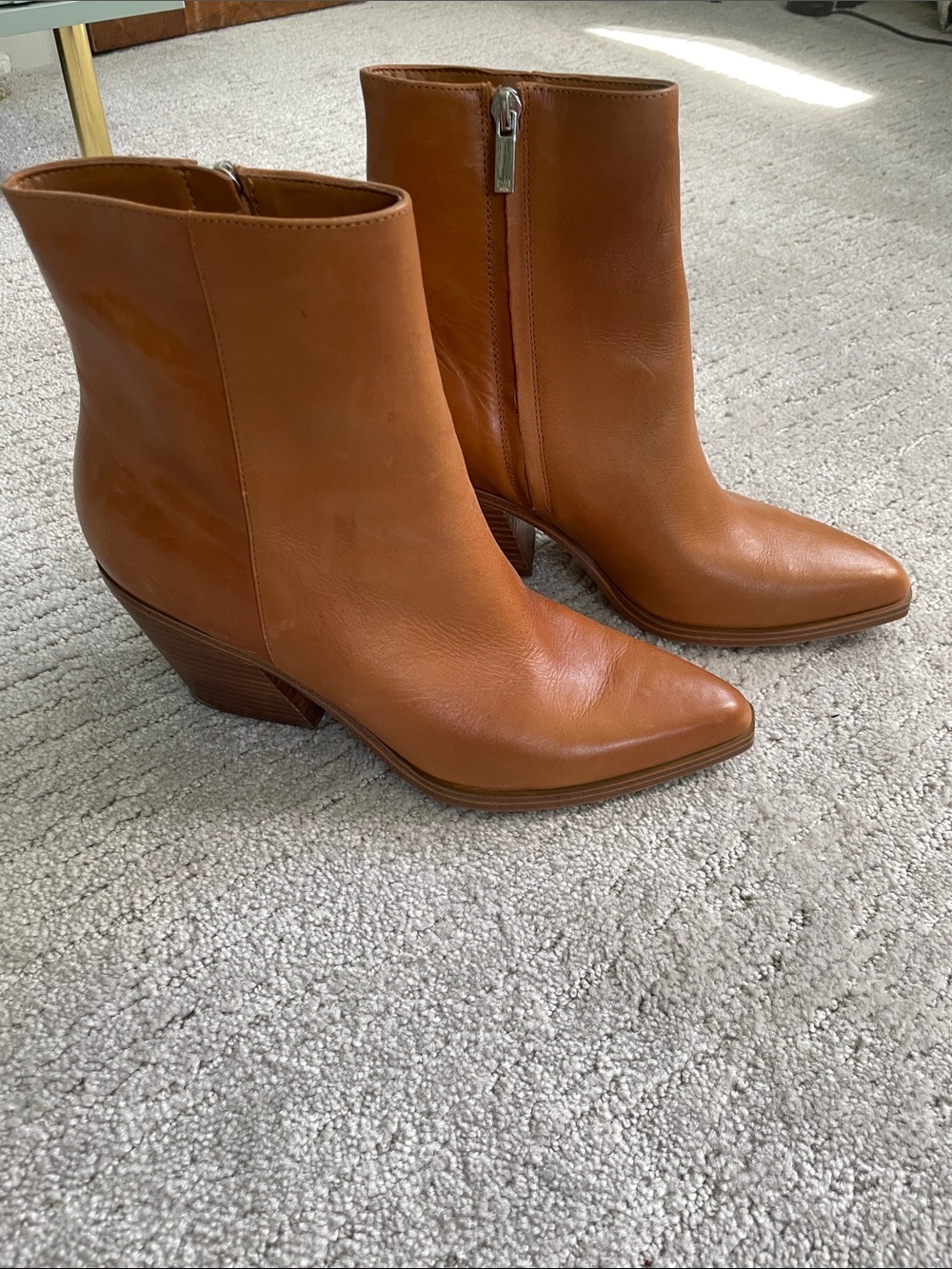 Marc Fisher Cognac Leather Pointed-Toe Ankle Booties with Side Zip